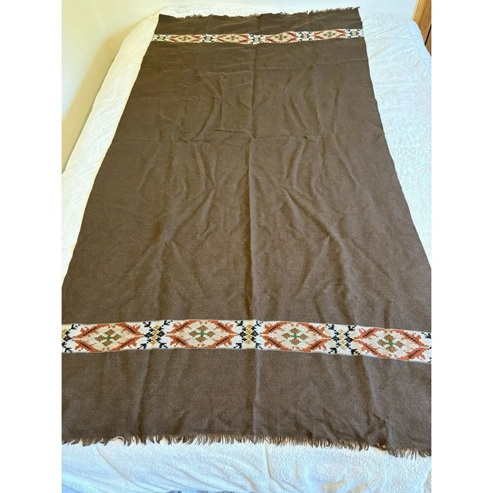 Sanskriti Vintage Long Pure Woollen Brown Woven Kullu Shawl Scarf Throw Stole